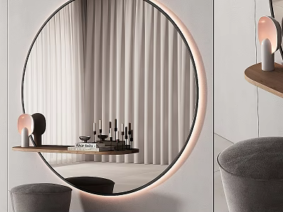Round Decorative Mirror With LED Lighting Reflecting Curtains And Shelf 3d model
