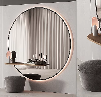 Round Decorative Mirror With LED Lighting Reflecting Curtains And Shelf 3d model