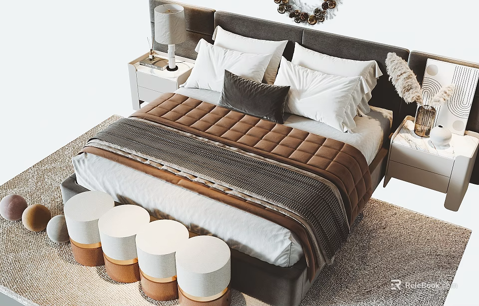 Cozy Modern Double Bed Interior With Soft Headboard Decorative Pillows Side Nightstands And Round Stools 3d model 