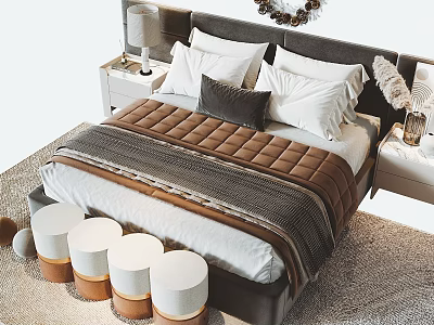 Cozy Modern Double Bed Interior With Soft Headboard Decorative Pillows Side Nightstands And Round Stools 3d model
