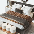 Cozy Modern Double Bed Interior With Soft Headboard Decorative Pillows Side Nightstands And Round Stools 3d model