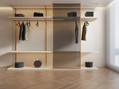 Modern Open Wardrobe Interior With Hanging Clothes Shelves And Bags On Wooden Floor 3d model