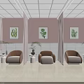 Interior With Pink Walls White Tiled Wainscoting Green Plant Paintings Brown Gray Armchairs Green Plants