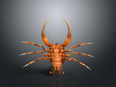 Orange Crustacean Like Creature with Large Claws and Multiple Sharp Legs on Gray Gradient Background 3d model