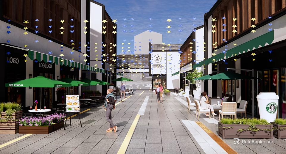 Modern Commercial Street With Pedestrians Green Umbrellas Star Decorations Tables Chairs And Plants 3d model 