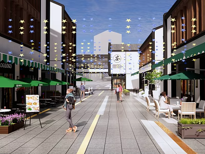 Modern Commercial Street With Pedestrians Green Umbrellas Star Decorations Tables Chairs And Plants 3d model