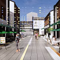 Modern Commercial Street With Pedestrians Green Umbrellas Star Decorations Tables Chairs And Plants