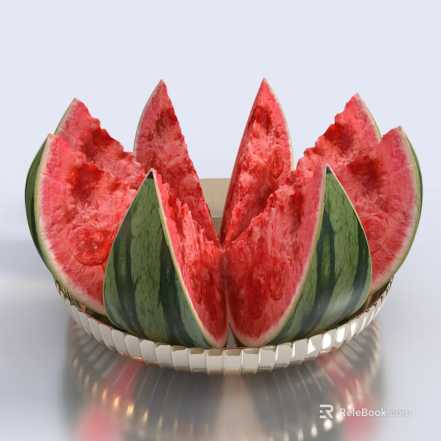 Fresh Watermelon Slices With Red Flesh And Green Rind On Silver Plate 3d model 