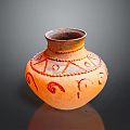 Handmade Traditional Pottery Sculpture With Carved Red Decorative Patterns And Orange Body