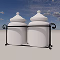 White Ceramic Food Storage Jars With Lids On Black Metal Stand