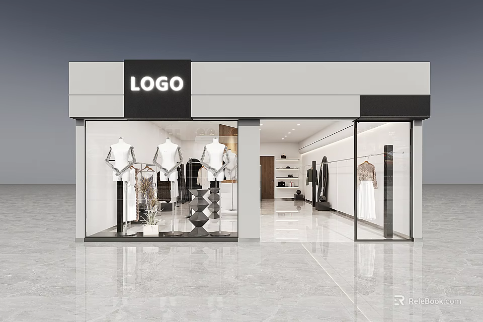 Modern Fashion Clothing Store With Glass Windows Mannequins And Interior Clothing Displays 3d model 