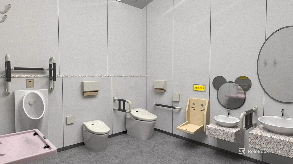 Modern Public Toilet Interior With Accessible Handrails Toilets Sinks And Mirrors 3d model 