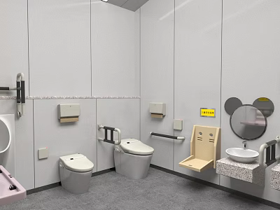 Modern Public Toilet Interior With Accessible Handrails Toilets Sinks And Mirrors 3d model