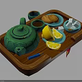 Wooden Tray Setup With Green Teapot Small Bowls Bread Lemon Slices And Sugar Cubes