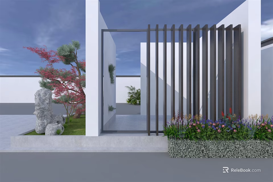 Modern Garden Landscape with White Buildings Black Slatted Gate Red Trees and Colorful Flowers 3d model 
