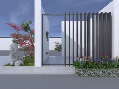 Modern Garden Landscape with White Buildings Black Slatted Gate Red Trees and Colorful Flowers 3d model