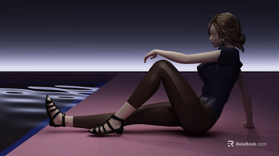 Game Movie Female Character Brown Hair Black Top Leggings Sandals Sitting On Colorful Floor 3d model 