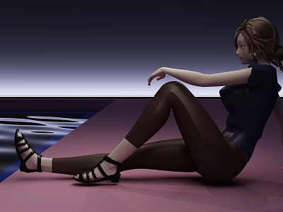 Game Movie Female Character Brown Hair Black Top Leggings Sandals Sitting On Colorful Floor 3d model