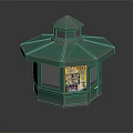 Green Octagonal Kiosk with Sloped Roof and Poster Covered Windows