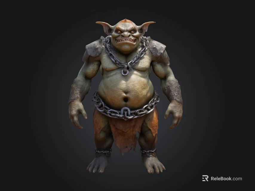 3D Fantasy Monster Character With Horns Fangs Muscular Body Chains And Tattered Cloth 3d model 