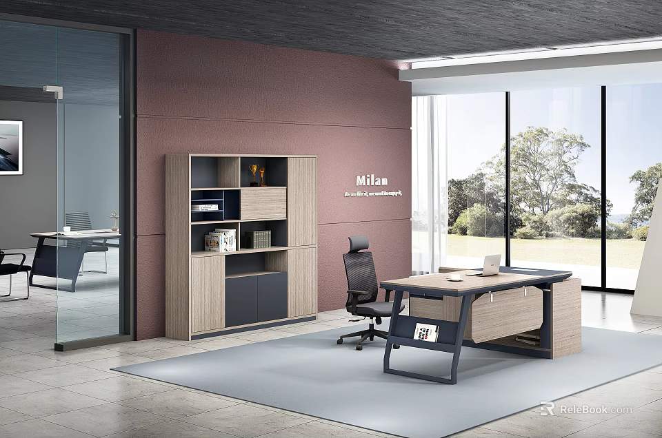 Modern Office Interior With Wooden Desk Storage Cabinet Ergonomic Chair And Large Windows 3d model 