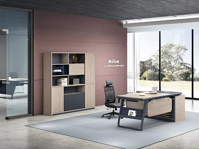 Modern Office Interior With Wooden Desk Storage Cabinet Ergonomic Chair And Large Windows 3d model