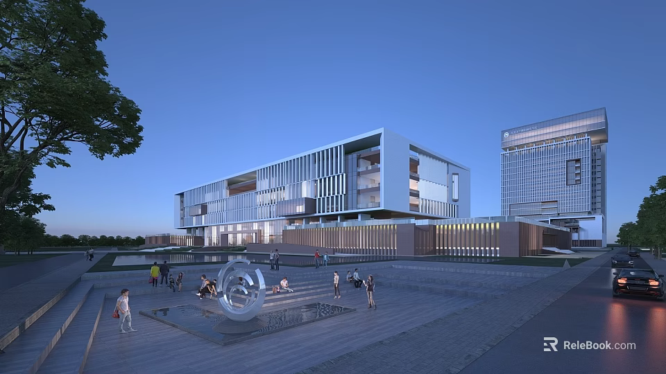 Modern School Building With Glass Facade Plaza Fountain And People Walking Around 3d model 