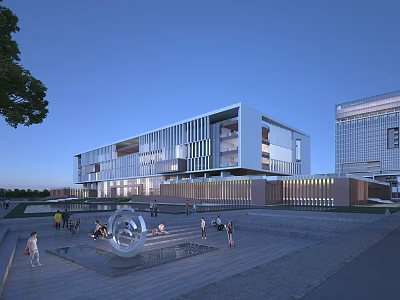 Modern School Building With Glass Facade Plaza Fountain And People Walking Around 3d model