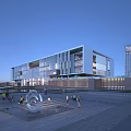 Modern School Building With Glass Facade Plaza Fountain And People Walking Around