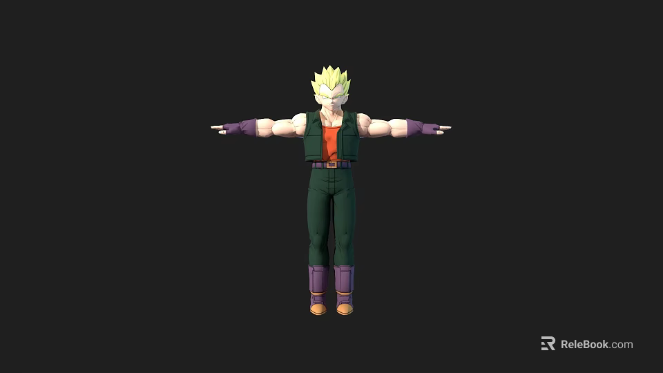 Anime Style Warrior Character With Spiky Yellow Hair Red Vest Green Pants And Purple Boots 3d model 