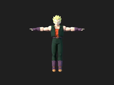 Anime Style Warrior Character With Spiky Yellow Hair Red Vest Green Pants And Purple Boots 3d model