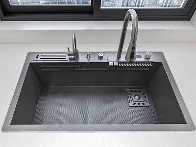 Modern Black Kitchen Sink With Stainless Steel Faucet And Drainage Grid Design 3d model