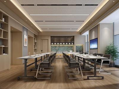 Modern Restaurant Interior With Spacious Dining Area Long Tables Comfortable Chairs Wooden Flooring Decorative Paintings 3d model