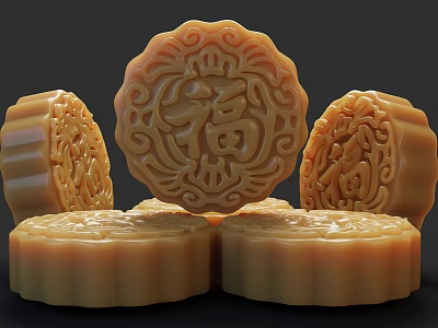 Traditional Golden Mooncakes Featuring Carved Fu Symbol And Intricate Patterns 3d model