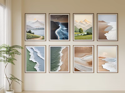 Eight Framed Nature Landscape Wall Art Paintings With Mountain Beach Waves And Sunset 3d model