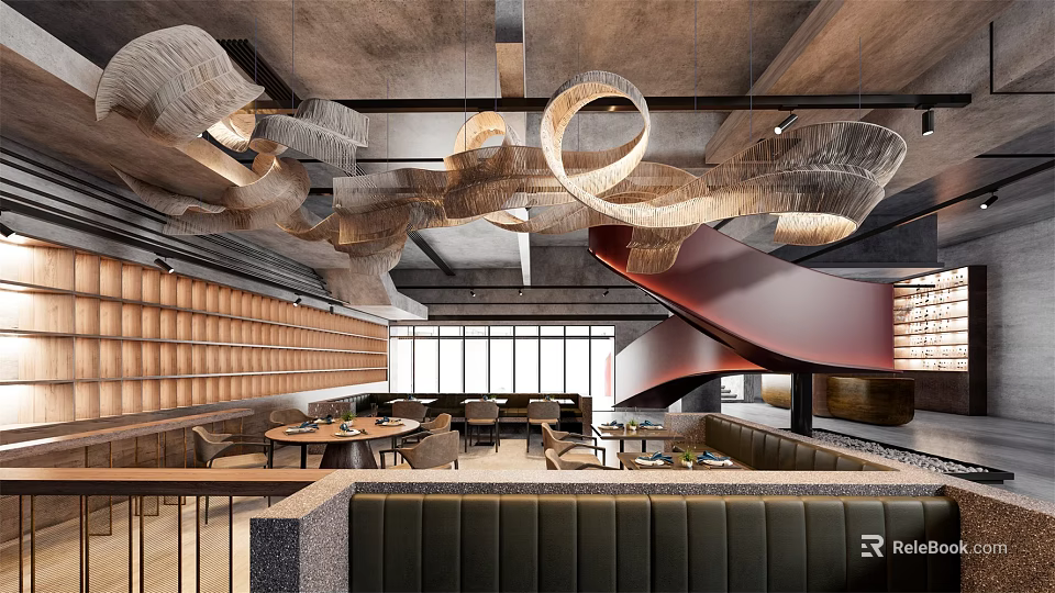 Industrial Café Interior With Concrete Ceiling Spiral Staircase And Unique Lighting Fixtures 3d model 