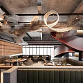 Industrial Café Interior With Concrete Ceiling Spiral Staircase And Unique Lighting Fixtures