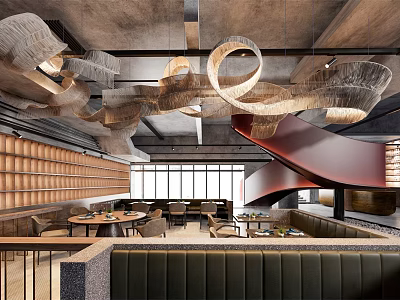 Industrial Café Interior With Concrete Ceiling Spiral Staircase And Unique Lighting Fixtures 3d model