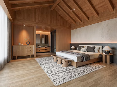 Cozy Wooden Hotel Room Interior With Large Bed Patterned Rug And Ceiling Beams 3d model