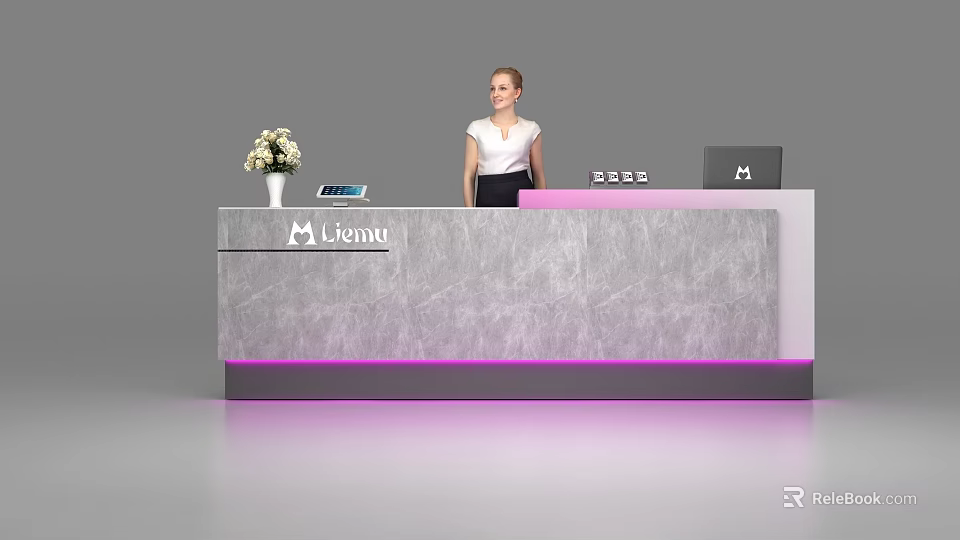 Elegant Reception Desk Featuring Grey Marble Surface Lient Logo White Vase Flowers And Female Receptionist 3d model 