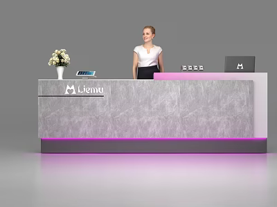 Elegant Reception Desk Featuring Grey Marble Surface Lient Logo White Vase Flowers And Female Receptionist 3d model