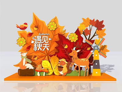 Autumn Themed Decor With Colorful Maple Leaves Fox Deer Squirrel Windmill And Mushrooms 3d model