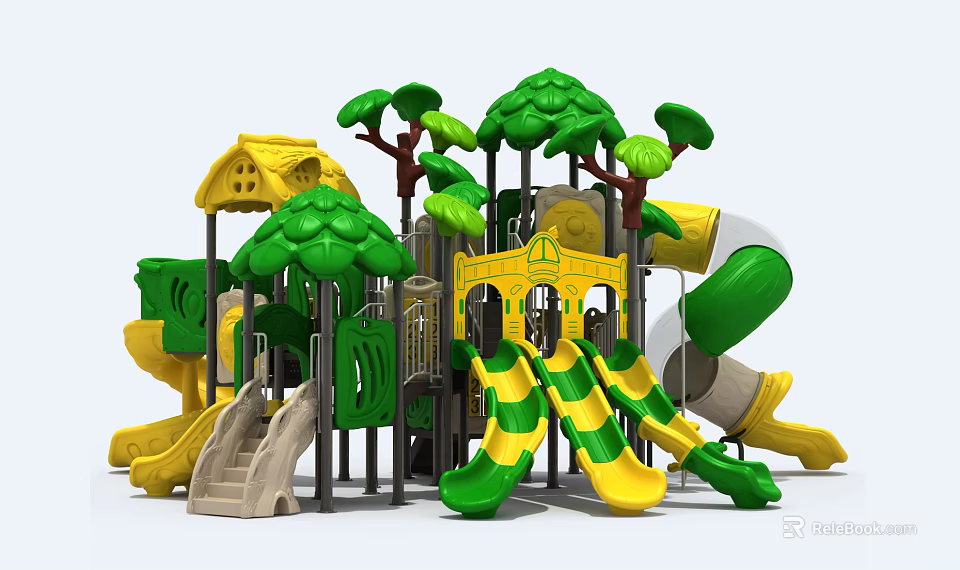 Playground Equipment With Green And Yellow Slides Tree Shaped Decorations Cabin Design And Climbing Structures 3d model 