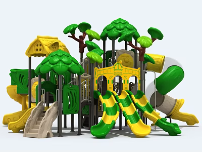 Playground Equipment With Green And Yellow Slides Tree Shaped Decorations Cabin Design And Climbing Structures 3d model