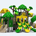 Playground Equipment With Green And Yellow Slides Tree Shaped Decorations Cabin Design And Climbing Structures
