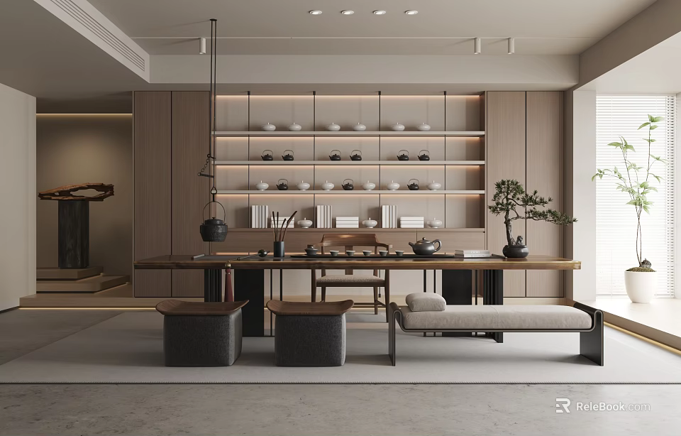 Modern Tea Room Interior With Wooden Table Shelves Tea Sets And Decorative Plants 3d model 