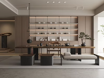 Modern Tea Room Interior With Wooden Table Shelves Tea Sets And Decorative Plants 3d model
