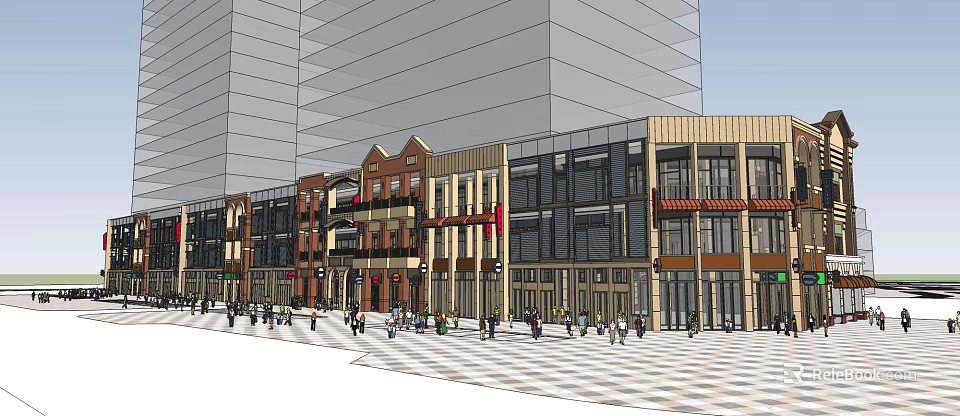Vibrant Commercial Street With Modern Traditional Architectural Styles Pedestrians And Storefronts 3d model 