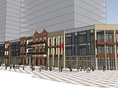 Vibrant Commercial Street With Modern Traditional Architectural Styles Pedestrians And Storefronts 3d model