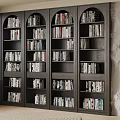 Dark Arched Bookshelf Design With Multiple Compartments Filled With Books Against Textured Wall And Window